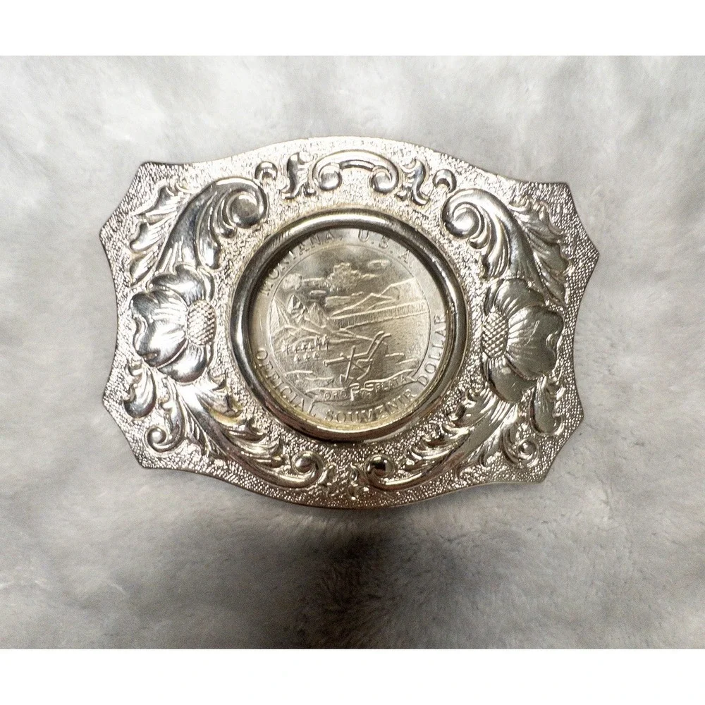 Silver Western Belt Buckle With Montana State Anniversary Dollar Coin